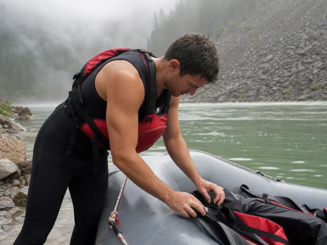 0-wetsuit-vs-drysuit-rafting-hero Rafter in a black sleeveless wetsuit rigging a raft at a cold river put-in in early light