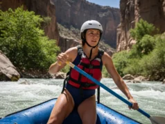 The River Runner’s Code: A Philosophy for Navigating Flow A fit woman in her late 20s expertly navigates a whitewater rapid in a raft, fully embodying the philosophy of flow.