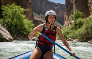 The River Runner’s Code: A Philosophy for Navigating Flow A fit woman in her late 20s expertly navigates a whitewater rapid in a raft, fully embodying the philosophy of flow.