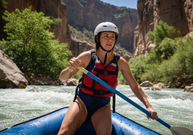 A fit woman in her late 20s expertly navigates a whitewater rapid in a raft, fully embodying the philosophy of flow.