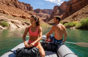 The Pro Rafter’s Guide to Inflatable Floor Types A fit couple in their late 20s on an inflatable raft on a sunny river, preparing their gear on the raft's floor.