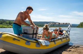 Raft Frame Types: An Expert Analysis for All River Trips A fit couple in their late 20s preparing a raft with a complex aluminum frame on a sunny river beach.