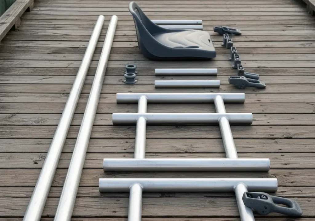 The core components of a raft frame, including side rails, crossbars, and oar towers, laid out on a wooden ramp.