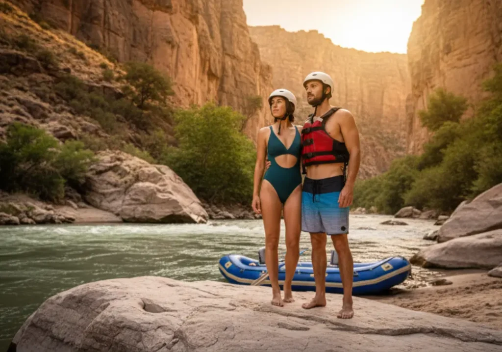 A fit couple in their late 20s stands on a rock, thoughtfully observing the river, contemplating the foundational philosophies of rafting.