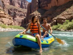 Raft Pin Kit Guide: For Rafts, Kayaks & Packrafts A fit couple in their late twenties rafting down a sunny river canyon, embodying the spirit of whitewater adventure.