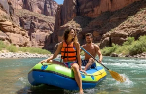 Raft Pin Kit Guide: For Rafts, Kayaks & Packrafts A fit couple in their late twenties rafting down a sunny river canyon, embodying the spirit of whitewater adventure.