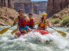 The Rafter’s Blueprint: A Guide to River Navigation A man and woman in their late 20s skillfully guide a whitewater raft through a sunny river canyon