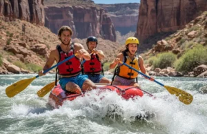 The Rafter’s Blueprint: A Guide to River Navigation A man and woman in their late 20s skillfully guide a whitewater raft through a sunny river canyon