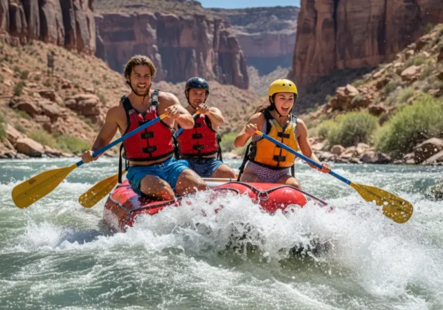 01 rafters-navigating-whitewater-guide A man and woman in their late 20s skillfully guide a whitewater raft through a sunny river canyon