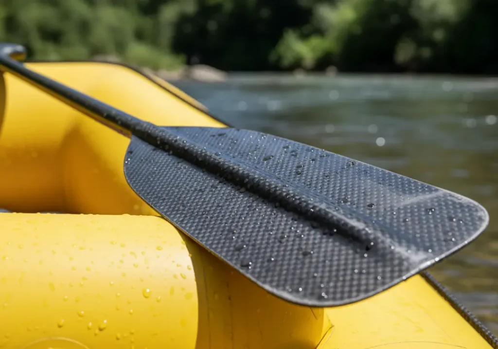 Close-up of a carbon fiber rafting paddle, showing the blade, shaft, and T-grip, resting on an inflatable raft by a river.