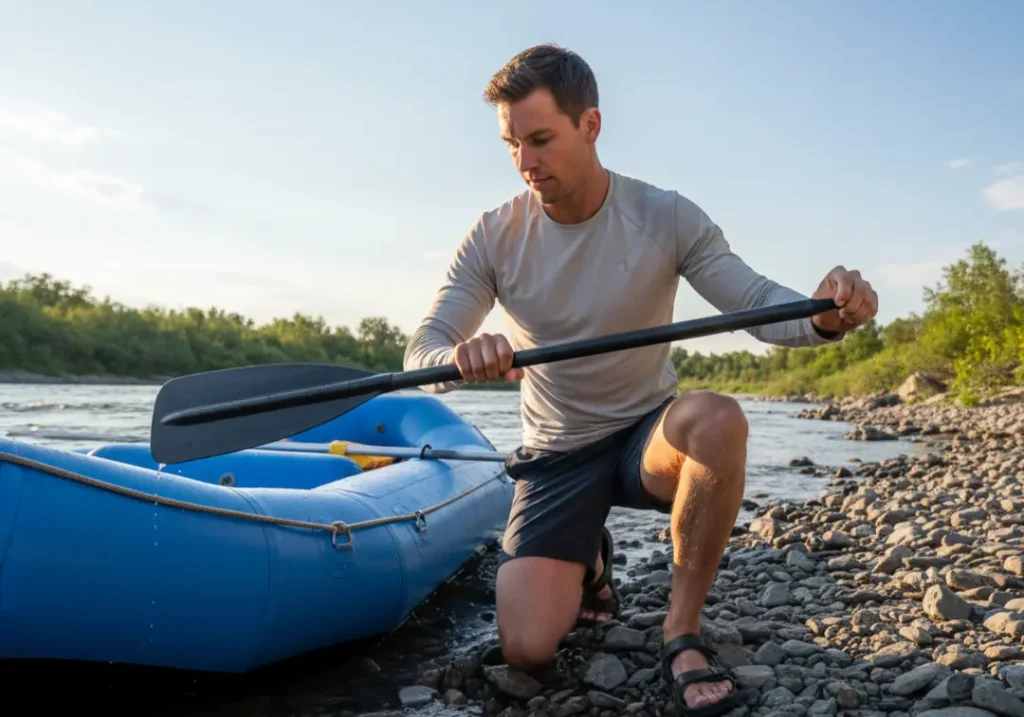 A fit man in his late 20s kneels on a riverbank, carefully inspecting his rafting paddle for damage.