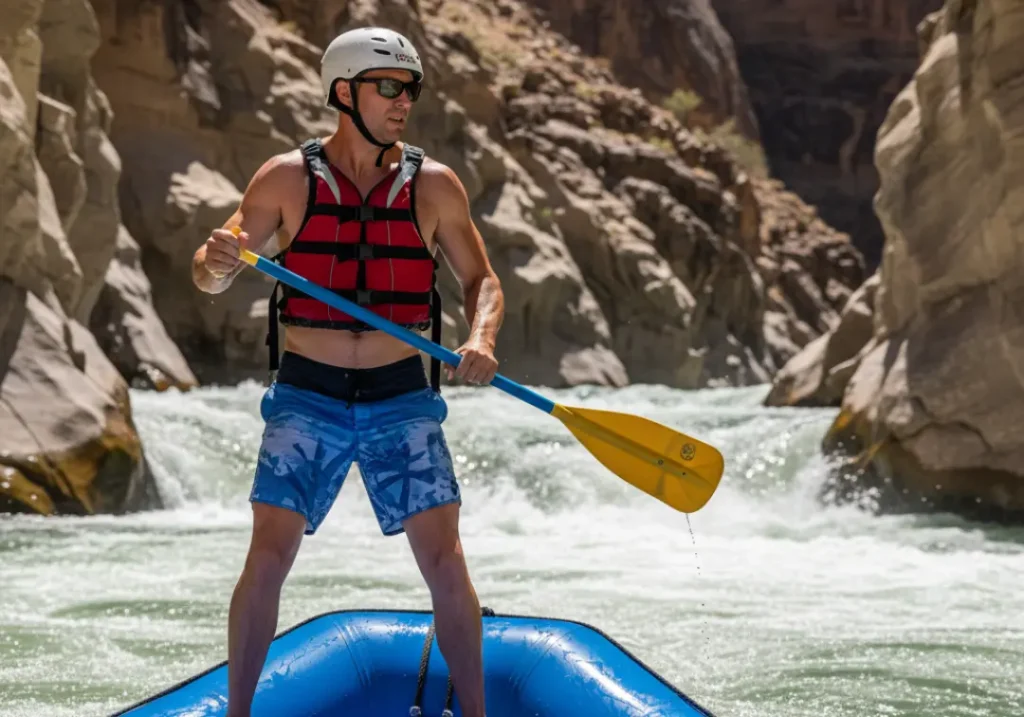 A male river guide in his late 20s stands in his raft, demonstrating the practical mindset of focus and readiness before entering a rapid.