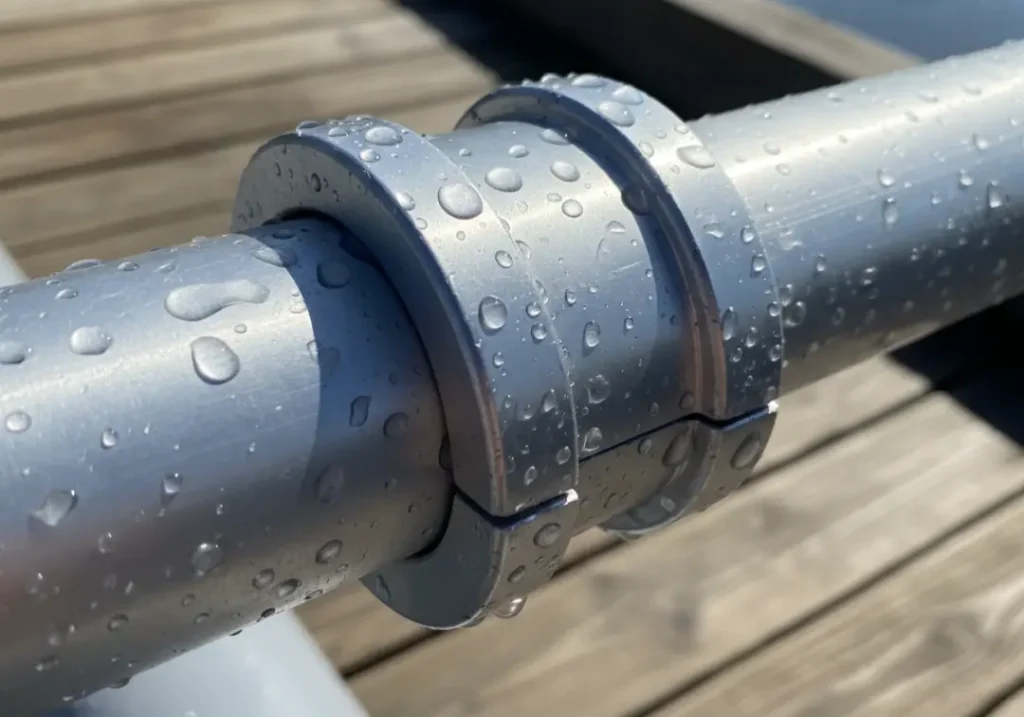 A close-up of an anodized aluminum raft frame joint with a clamp fitting, showing water beading on the surface.