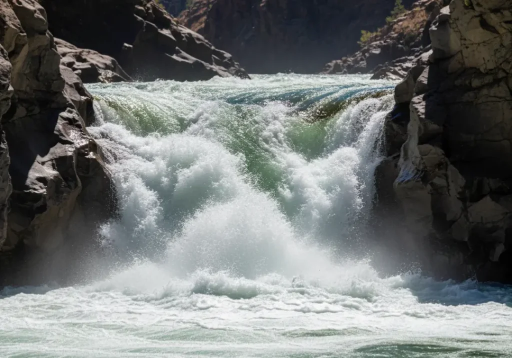 A close-up view of a powerful river current forming large waves as it rushes through a narrow rock channel.