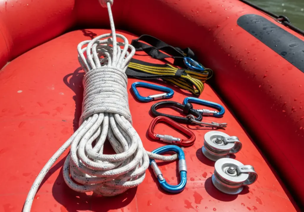 The essential hardware of a whitewater pin kit, including rope, carabiners, and pulleys, arranged on the floor of a raft.