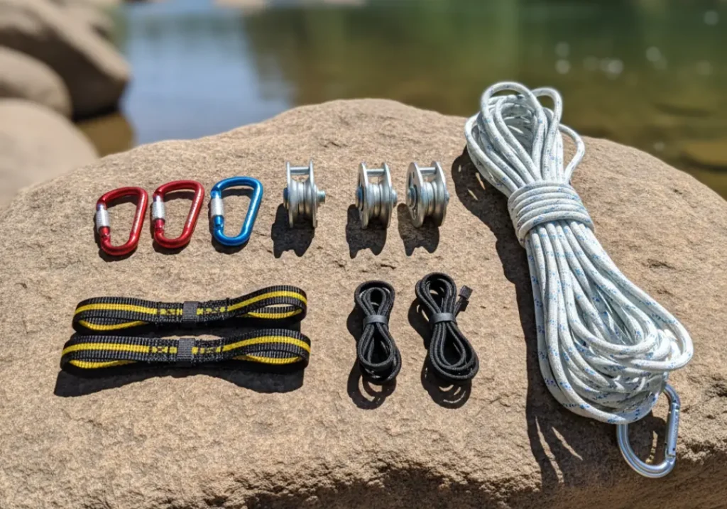 A complete 4:3:2:1:1 pin kit with carabiners, pulleys, prusiks, slings, and rope laid out for inspection on a riverside rock.