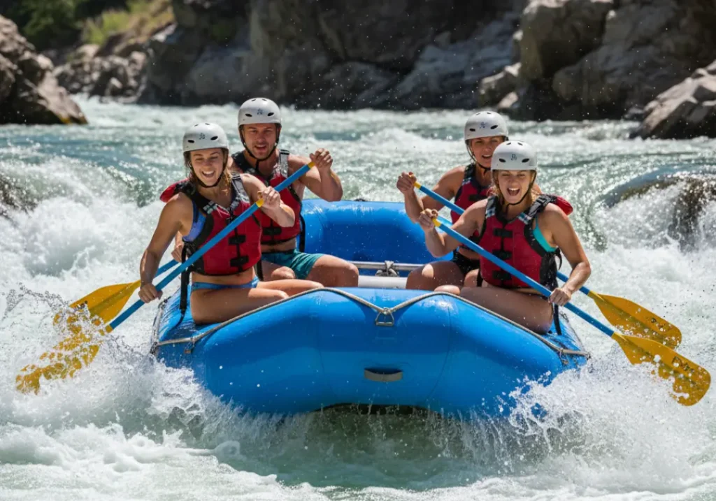 A team of four rafters in their late 20s works together to navigate a challenging whitewater rapid, applying the craft of river running.
