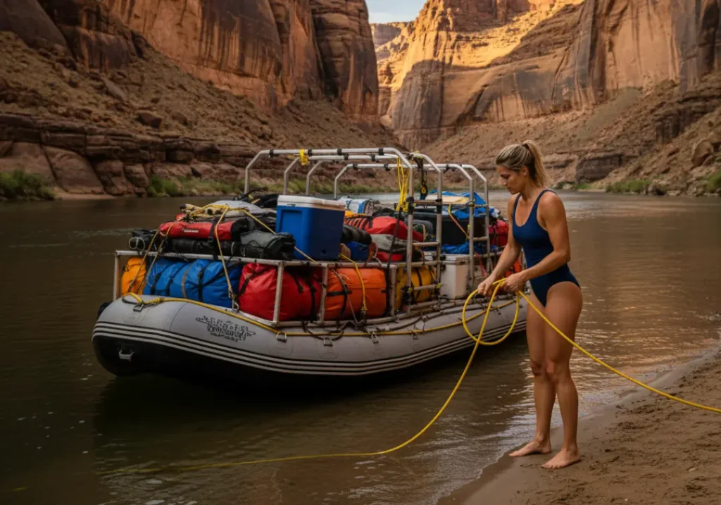 A full-body shot of a woman in her late 20s rigging a heavily loaded expedition raft in a river canyon.