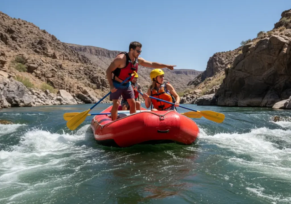 A male guide points out a safe channel in the river to a female rafter from their raft, demonstrating how to read the water.