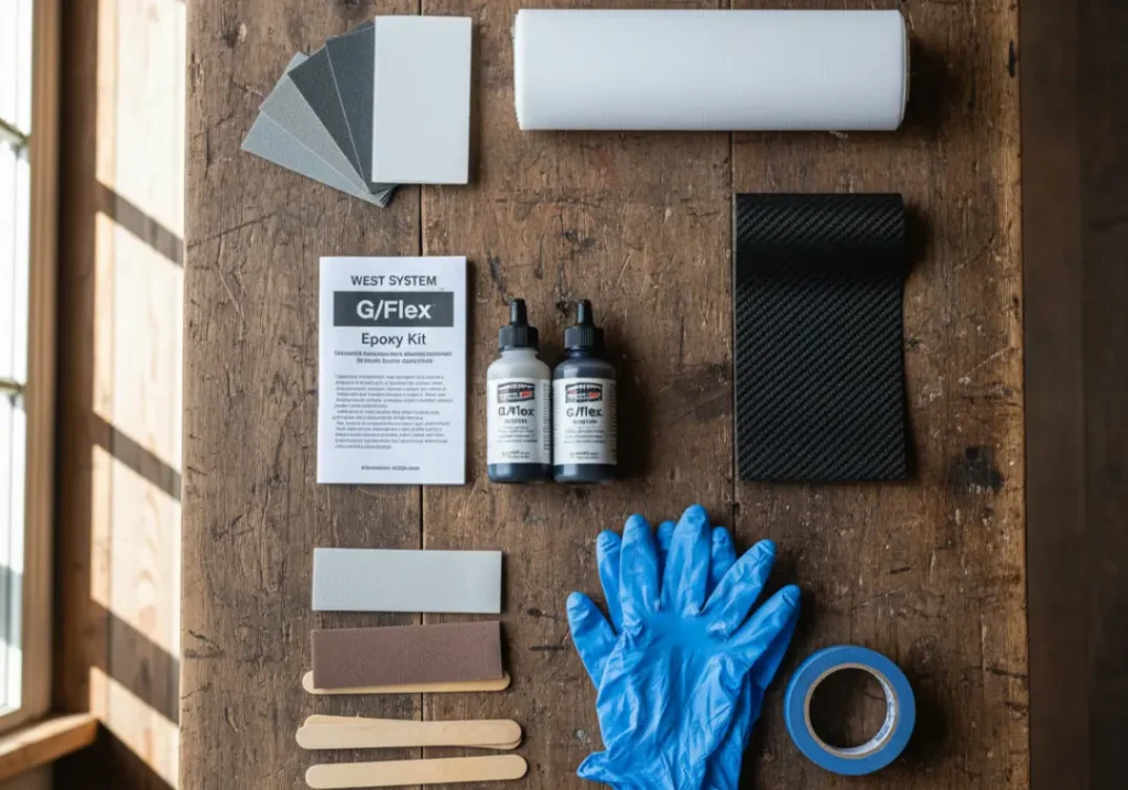 A flat lay of paddle repair tools and materials, including epoxy, fiberglass, and sandpaper, on a wooden workbench.