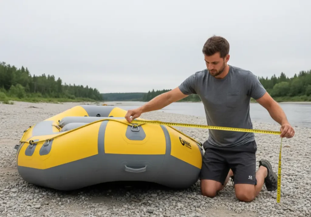 A full-body shot of a man in his late 20s kneeling and using a tape measure to find the center-to-center width of his raft.