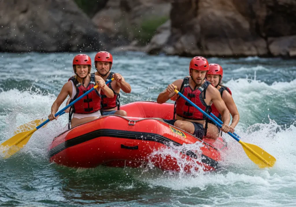 A full-body shot of a four-person rafting team paddling together with perfect timing through a large whitewater wave.