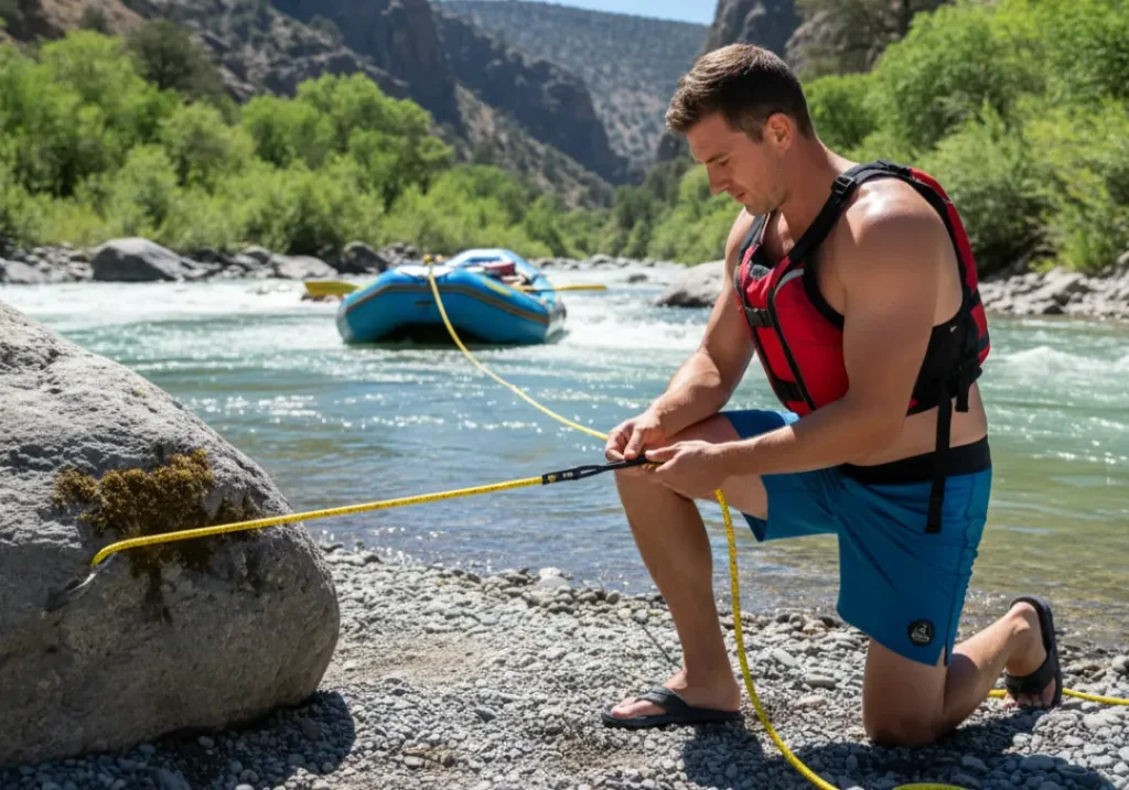 A full-body shot of a rafter in his late twenties rigging a 3:1 Z-Drag system on a riverbank to rescue a pinned raft.