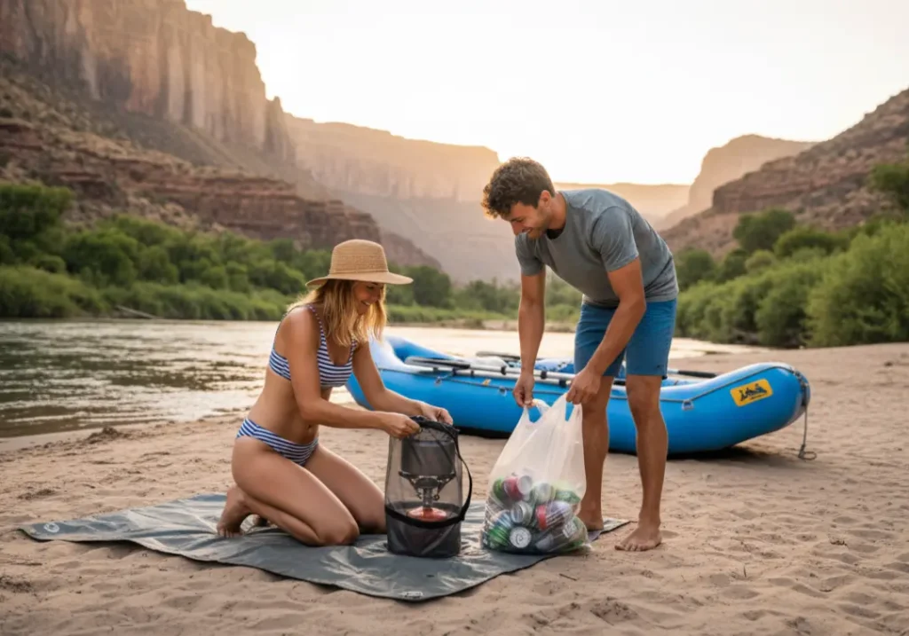 A young couple responsibly cleans up their campsite on a river beach, demonstrating the broader responsibilities of river runners.