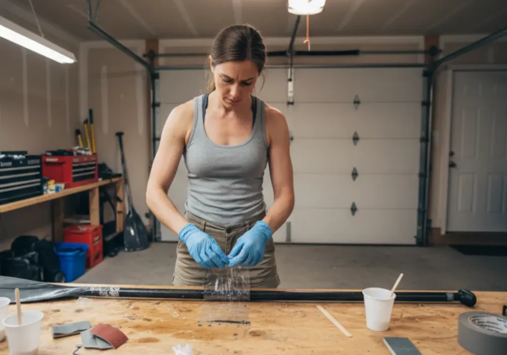 A fit woman in her late 20s repairs a rafting paddle shaft with epoxy and fiberglass at a workbench in her garage.
