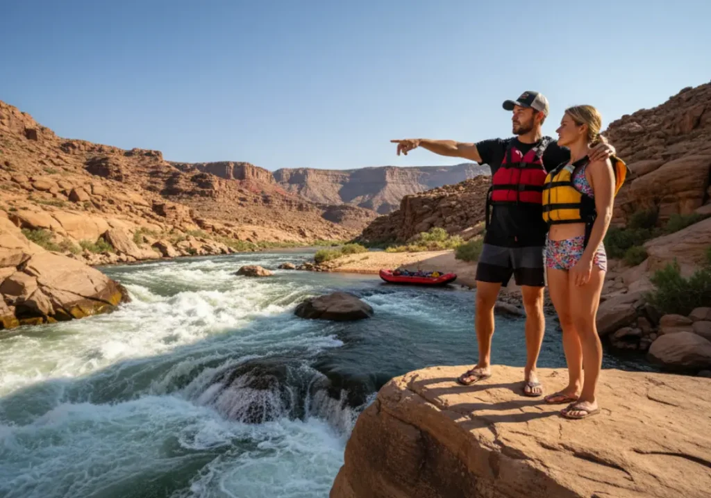 A man and woman stand on a rock overlooking a river, pointing and planning their route through a difficult rapid below.