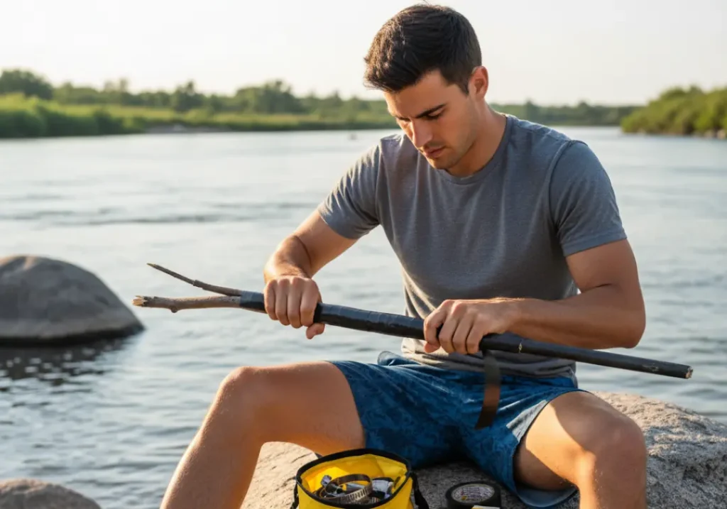 A man performs a field repair on a broken rafting paddle shaft using tape and a splint while sitting on a riverbank.