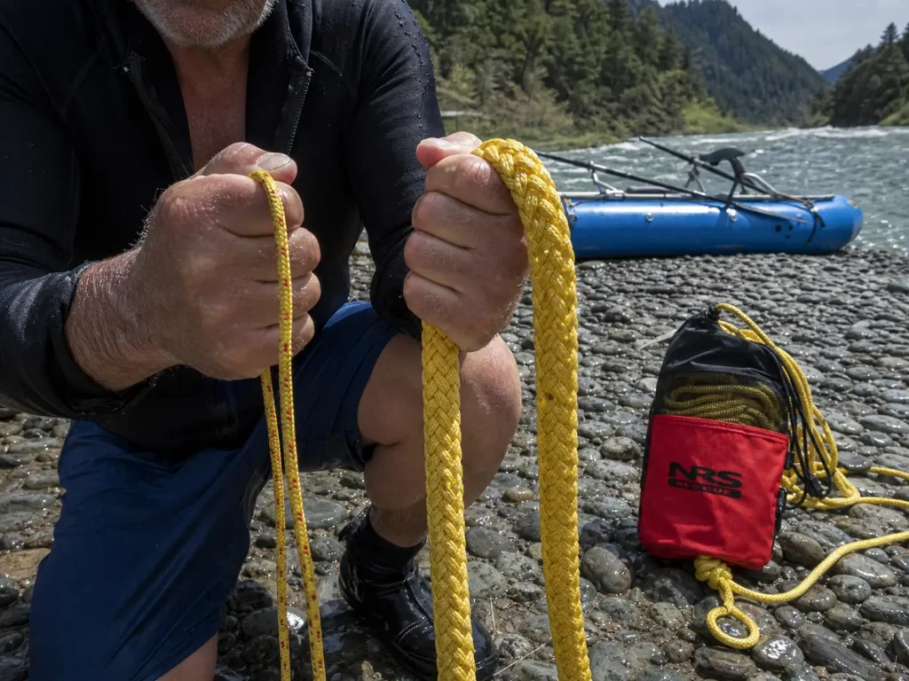 Two rescue ropes of different diameters held side by side in cold wet hands on a gravel bar