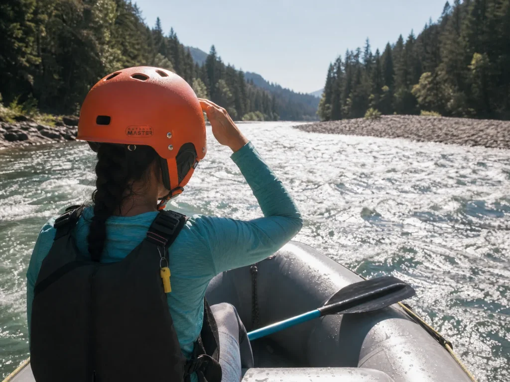 Rafter using a helmet brim to cut glare while reading water on a bright spring day