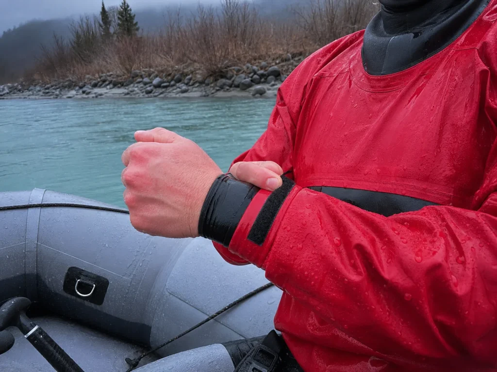 Rafter cinching the wrist cuff of a waterproof splash jacket over a wetsuit in cold rain