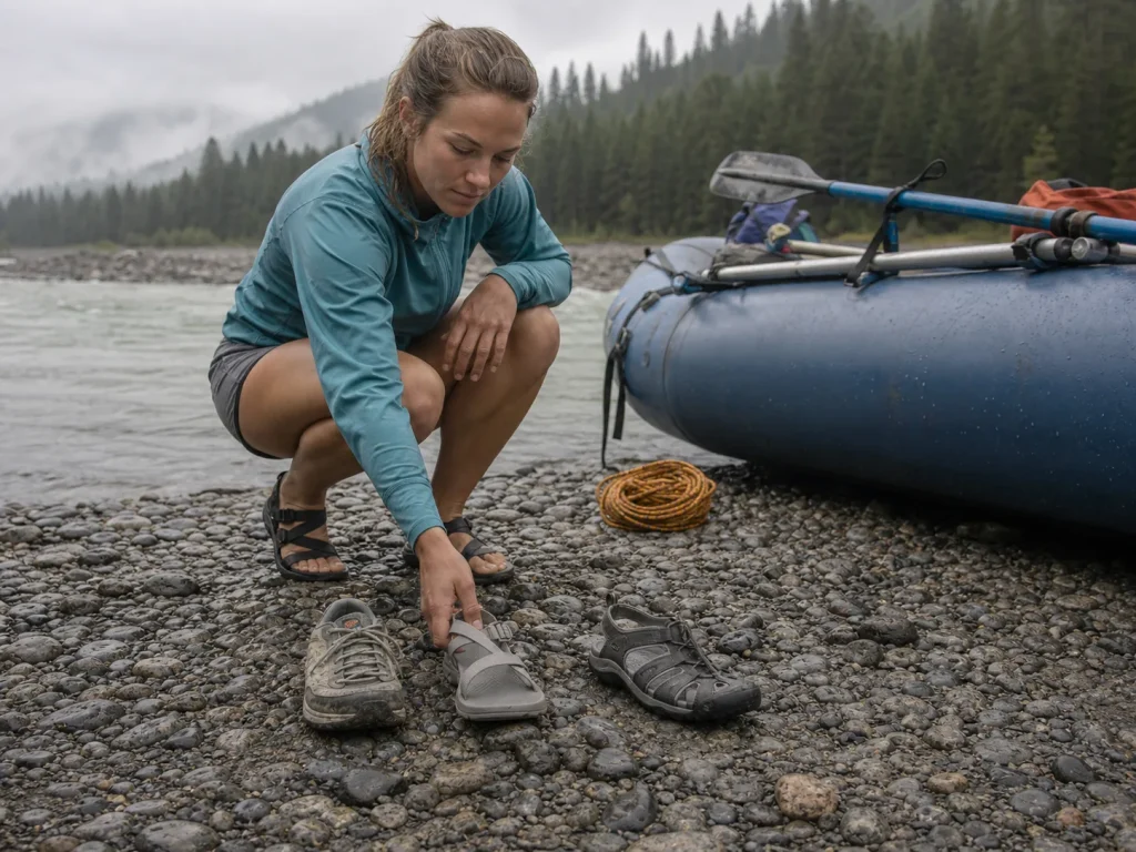 A small lineup of rafting shoes laid out by a raft while a paddler picks a pair