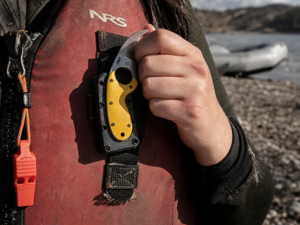 River knife sheath mounted on a PFD lash tab with a numb hand closing on the finger hole