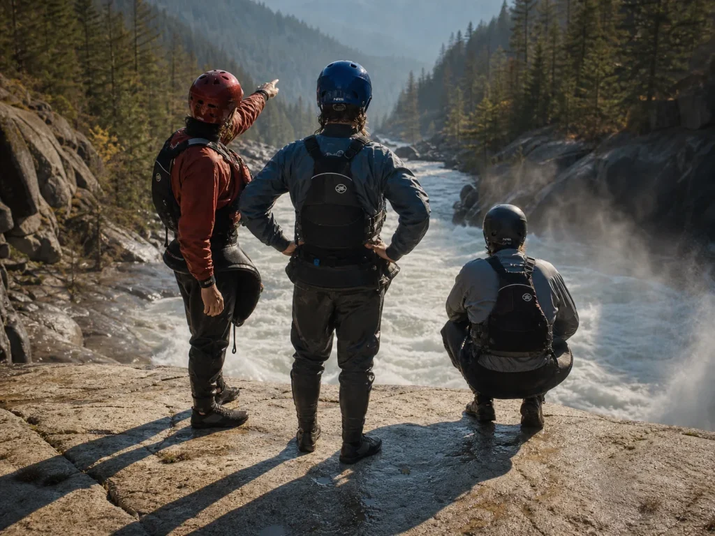Boaters scouting a horizon line from shore deciding whether the rapid needs a full-face helmet