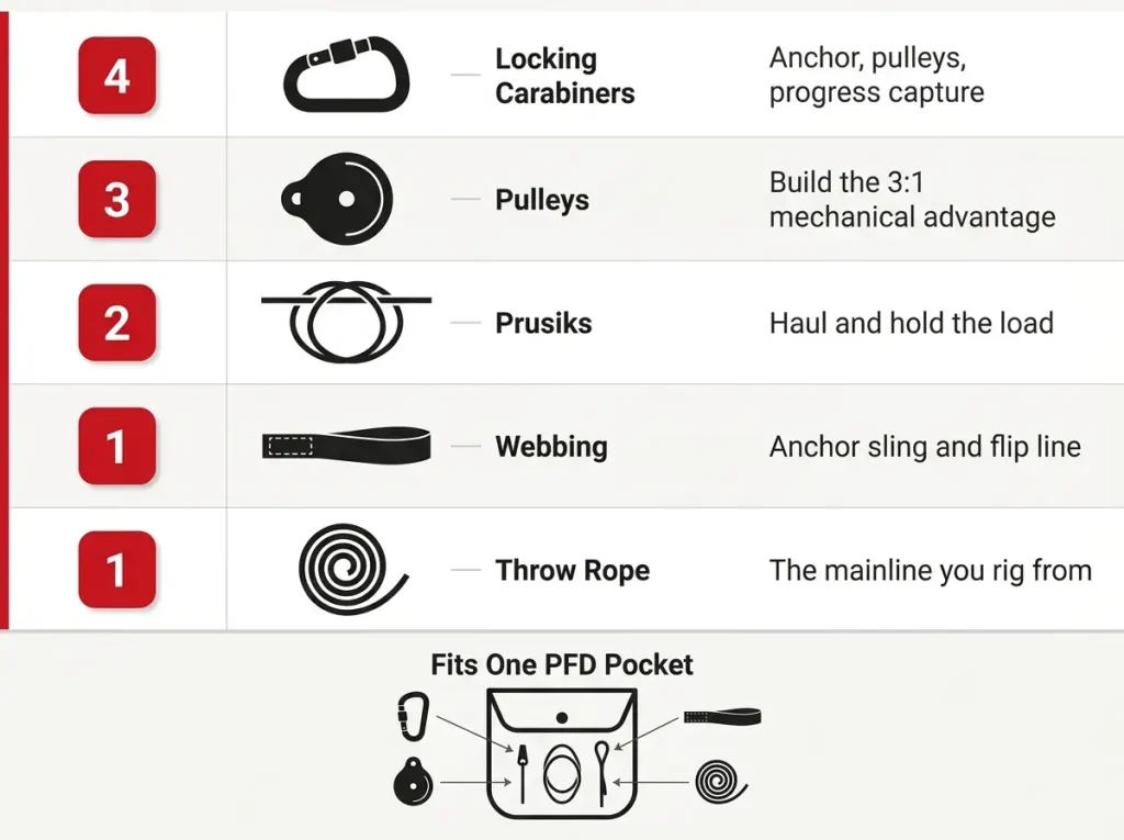 Infographic showing the 4-3-2-1-1 river rescue kit breakdown with labeled item counts, functions, and PFD pocket scale reference