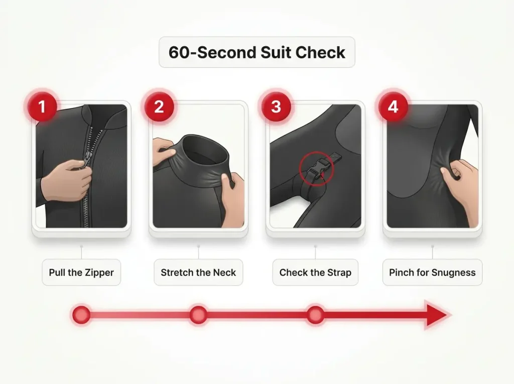 Infographic showing a 4-step 60-second rental wetsuit check with numbered steps for zipper, gasket, strap, and fit