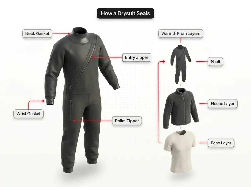 Infographic showing an annotated drysuit with labeled neck gasket, wrist gaskets, relief zipper, and underlayer stack for warmth