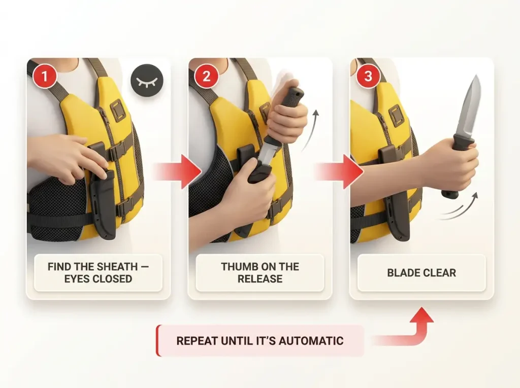 Step-by-step sequence showing a boater practicing an eyes-closed knife draw from a PFD: find sheath, release, clear blade