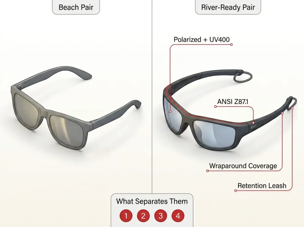 Infographic comparing beach sunglasses vs river-ready pair showing polarization, UV400, ANSI Z87.1, wraparound, and leash
