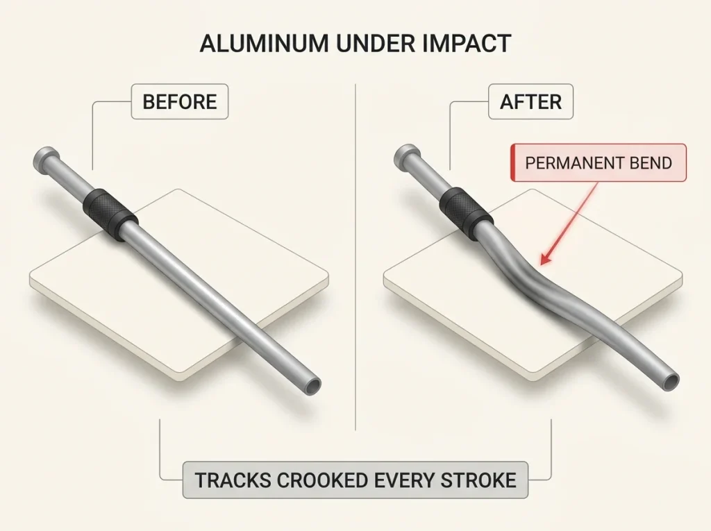 Before and after illustration comparing a straight aluminum oar to a permanently bent banana oar shaft