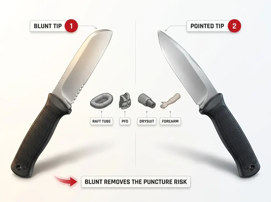 Diagram comparing blunt vs pointed river knife tips with four puncture risk targets labeled: raft tube, PFD, drysuit, forearm