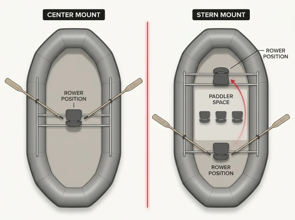 Top-down diagram comparing center-mount and stern-mount raft frame oarlock and seat placement