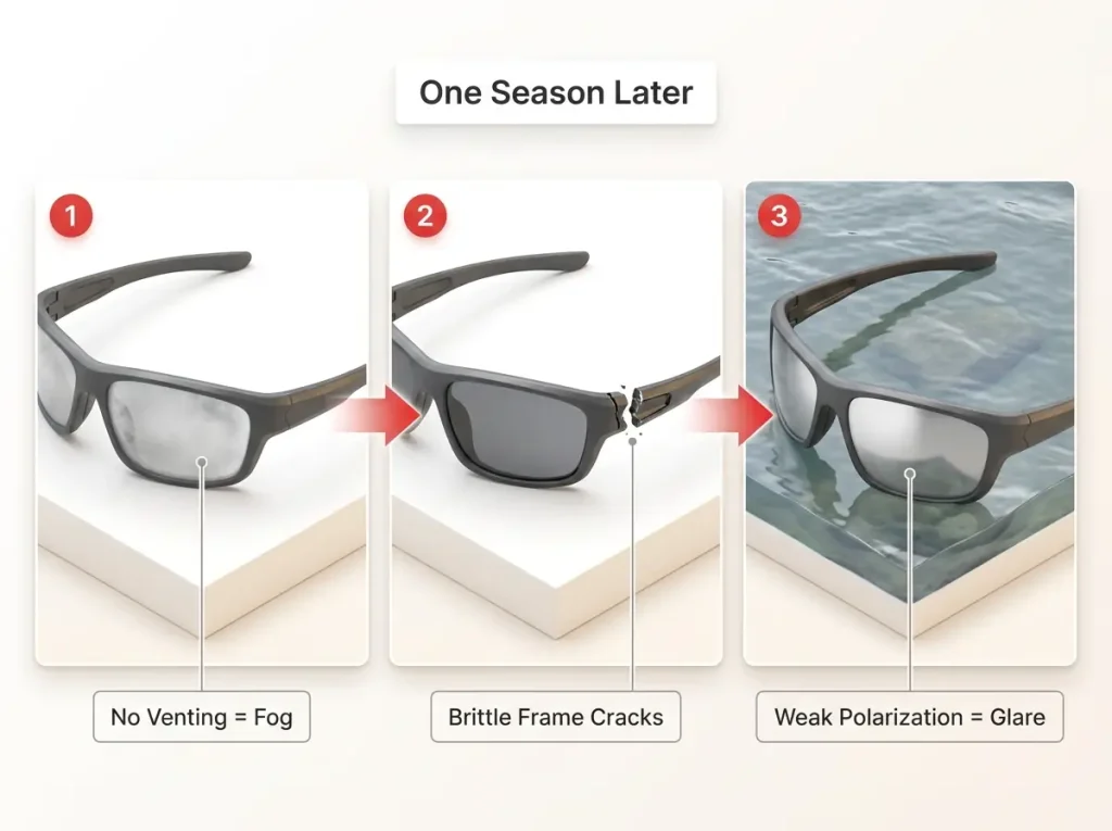 Annotated diagram showing cheap sunglasses failure chain: fogged lens, cracked temple arm, and glare washout after one season