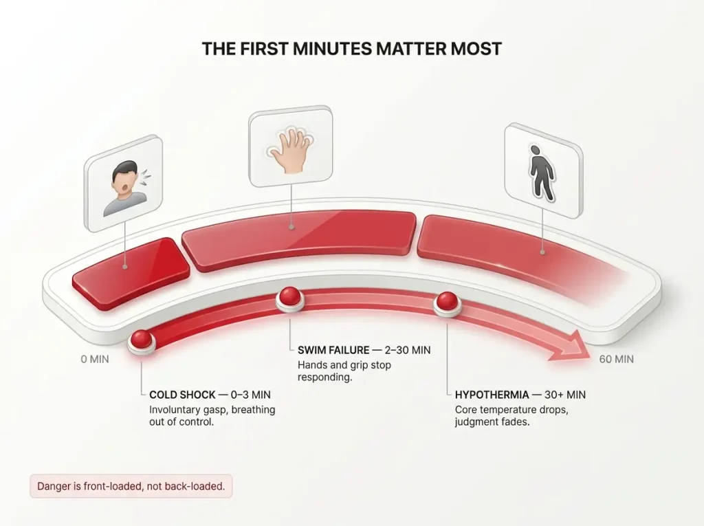Infographic showing 0-60 minute cold water immersion timeline with cold shock, swim failure, and hypothermia phases labeled