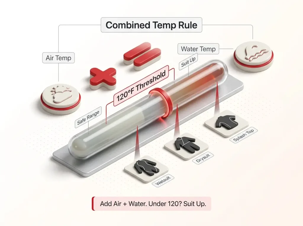 Infographic showing the air-plus-water combined temperature rule for rafting with a 120°F threshold line and suit type bands