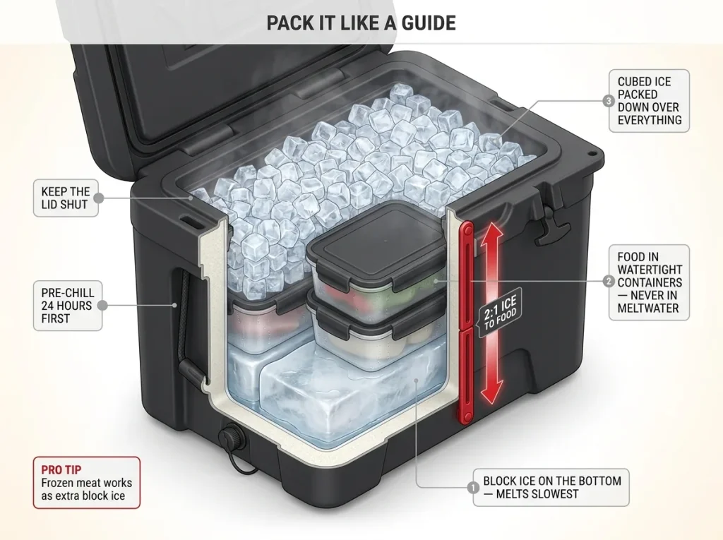 Cutaway cross-section of a correctly packed rafting cooler showing block ice base, sealed food containers and cubed ice on top