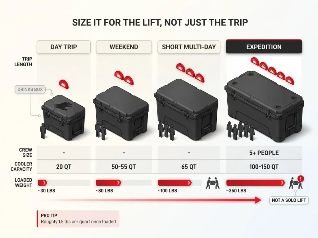 Sizing chart mapping rafting trip length and crew size to cooler quart capacity and approximate loaded weight in pounds